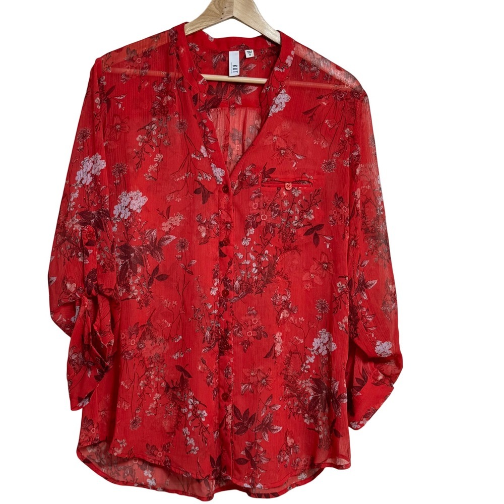 KUT From The Kloth Red Floral Sheer Button Up Shirt Women Medium Roll Tab Sleeve